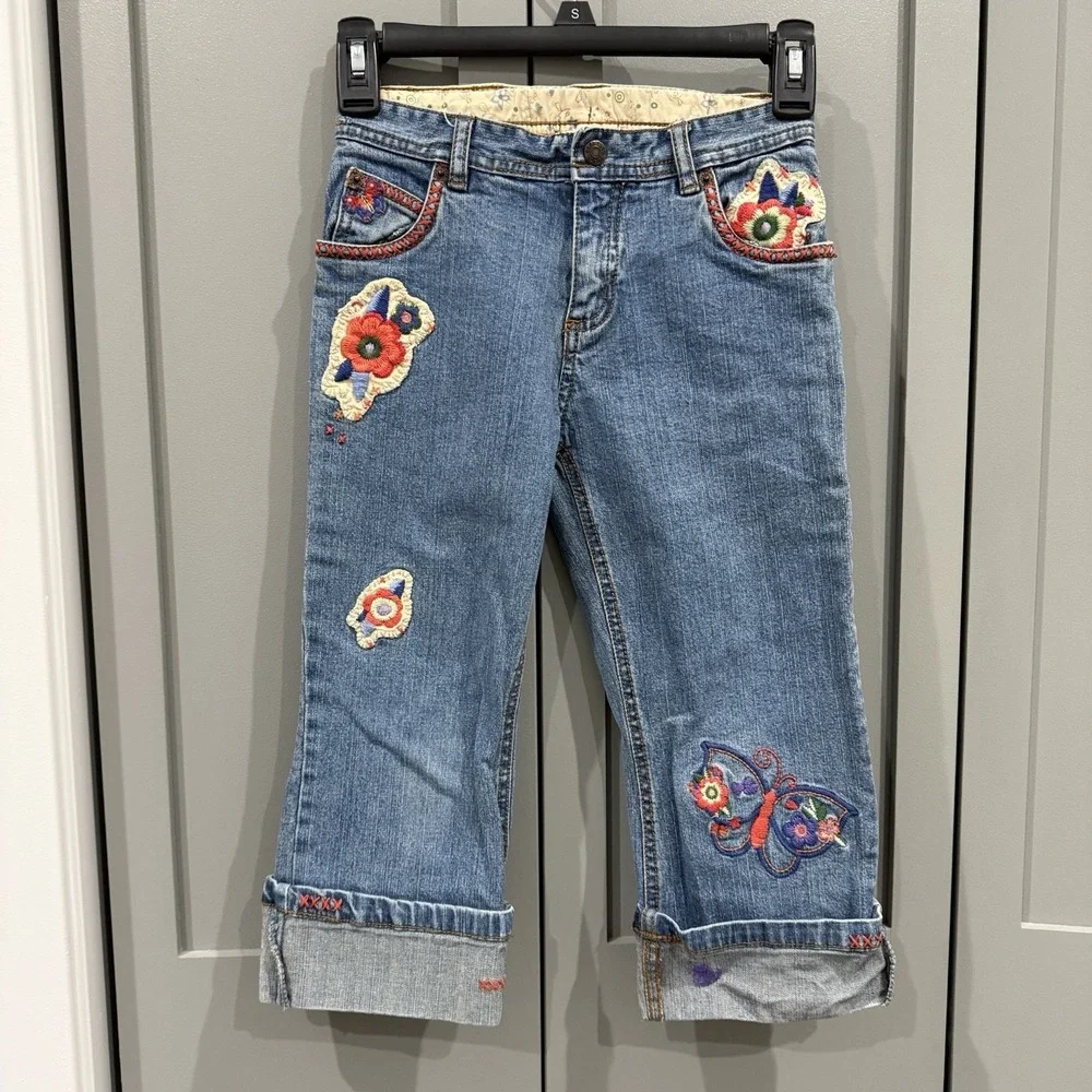 The Children's Place Embroidered Capri Pants Blue Jeans Girls 8 Floral Butterfly